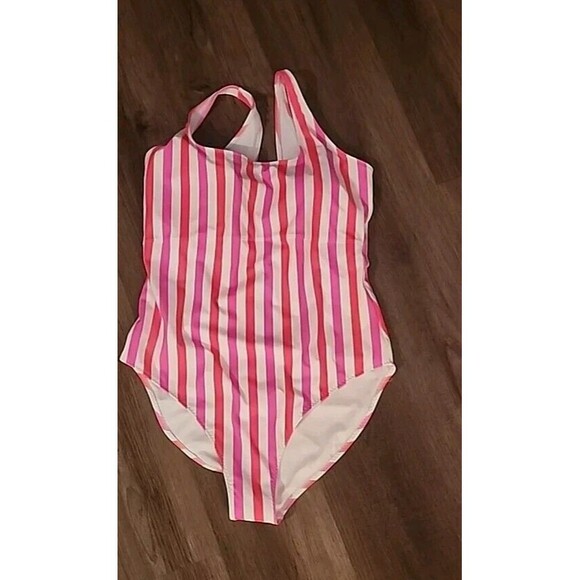 NWT Fabletics Womens Swimsuit XL Sunset Scoop One-Piece  Pink White Stripes - Picture 2 of 12